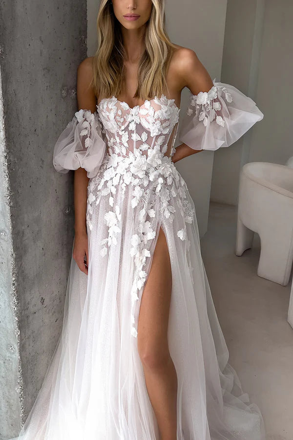 Abito da sposa bohémien senza maniche con scollo a cuore e applicazioni in pizzo